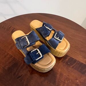 Marc Fisher Navy Wedge Sandals with Buckles
